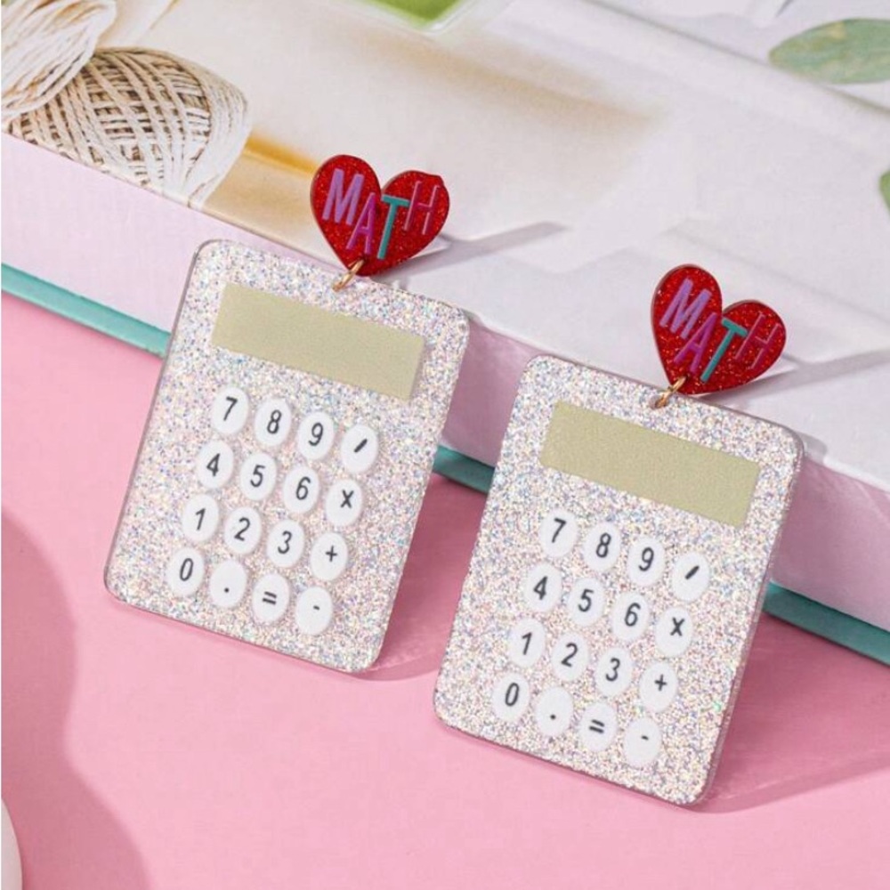 Red and Silver Glitter Resin Dangle Math Calculator Earrings !!